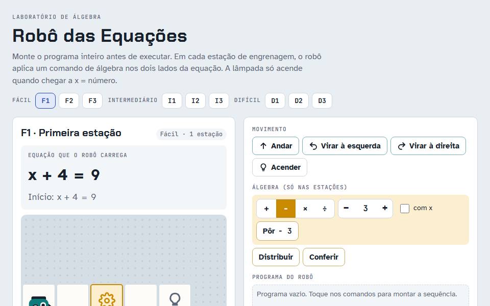 Tela do protótipo do Robô das Equações, com o tabuleiro, a equação e os botões de comando.